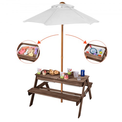 VEVOR Mesa de Pícnic con Sombrilla Juego de Mesa y Banco de Madera 890 x 800 x 510 mm para Interior Exterior con 2 Bandejas, Mueble de Comedor para 4 Personas para Jardín, Patio, Porche, Parque