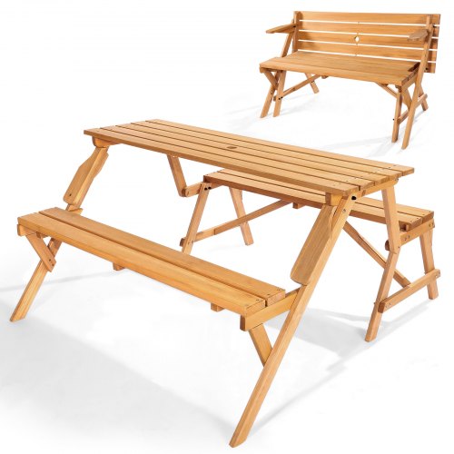 VEVOR Mesa de Pícnic Intercambiable Transformable Juego de Mesa y Banco de Madera para Exterior Banco Plegable Portátil con Hueco para Sombrilla Muebles de Comedor para Jardín, Porche, Marrón