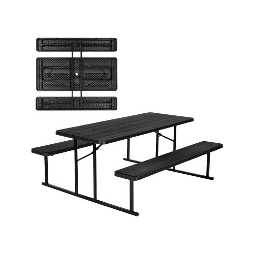 VEVOR Mesa de Pícnic Plegable 180 x 74 x 3,7 cm con Bancos de 180 x 30 x 4,5 mm Estructura de Acero Mesa de Comedor Interior Exterior con Orificio para Sombrilla para Patio, Jardín, Piscina, Negro
