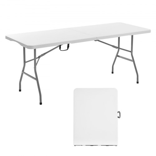 VEVOR Mesa Plegable de Buffet Portátil Multiusos de 180 cm, Rectangular, de Plástico, a 4-6 Personas con Asa Integrada, para Fiestas, Picnics y Camping, Blanco, 1800 x 700 x 730 mm, Carga 150 kg