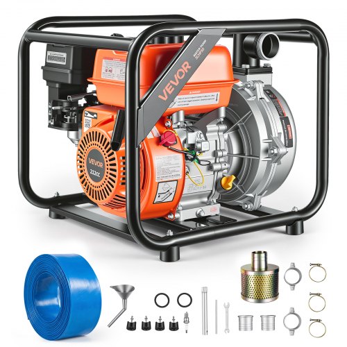 VEVOR Motobomba de Agua a Gasolina 50,8 mm, 128 GPM, 6 HP, Bomba de Agua a Gasolina con Manguera de Descarga, Altura de Succión 7 m, Elevación Máxima de 49,99 m, para Riego, Estanques, Piscinas
