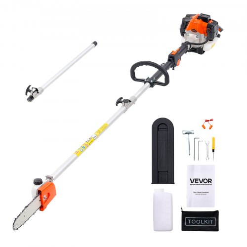 VEVOR Motosierra de Pértiga a Gasolina, Motosierra Inalámbrica de 25 cc y 2 Tiempos con Barra de Corte de 20,3 cm, Tanque de Combustible de 650 ml y Extensible de 2-2,74 m para Podar Árboles