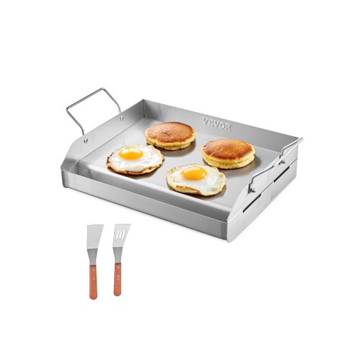 VEVOR Parrilla de Acero Inoxidable con Placa Rectangular Universal 425 x 270 mm con Superficie Plana, Plancha de Gas para Barbacoa, Utensilios de Cocina Portátiles con Asa, Color Acero Original
