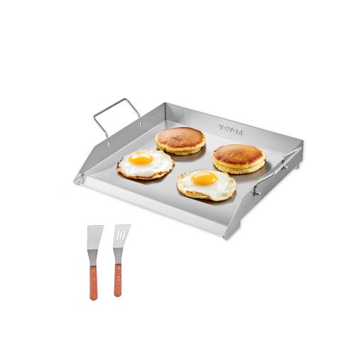 VEVOR Parrilla de Acero Inoxidable con Placa Rectangular Universal(448 x 370 mm) con Superficie Plana, Parrilla de Gas para Barbacoa, Utensilios de Cocina Familiares con Mango, Acero Original