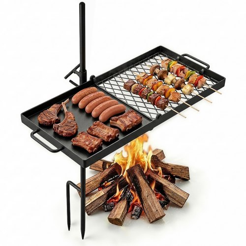 VEVOR Parrilla Giratoria para Hoguera 610 x 355 mm de Acero al Carbono, Parrilla para Fogatas, Rejilla Rectangular, Con Soporte, Soporta hasta 600°C, para Fuego Abierto, Camping, Jardín, Negro