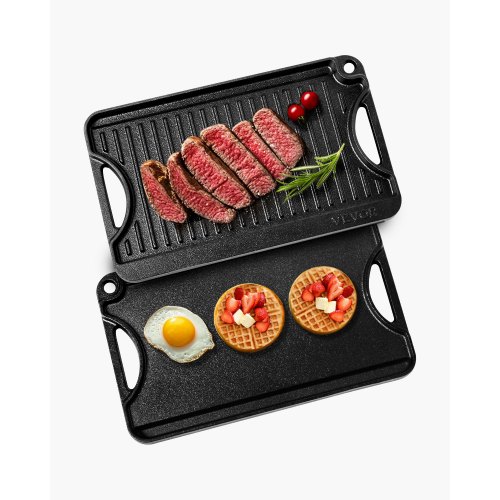 VEVOR Plancha de Hierro Fundido Reversible(185 x 342 mm), Sartén para Barbacoa Rectangular Portátil con Asa, Utensilios de Cocina Familiares para Interiores y Exteriores, Parrilla, Color Negro