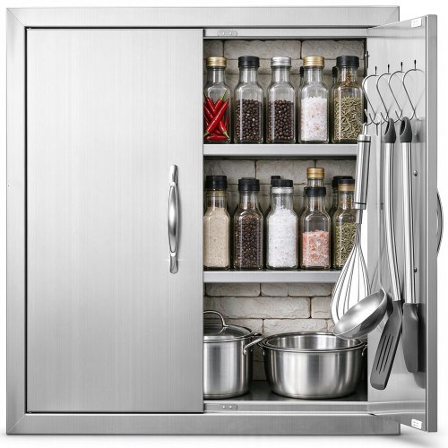 VEVOR Puerta de Acceso a Barbacoa 610 x 610 x 48 mm Puerta de Cocina Exterior Doble Puerta Empotrada de Acero Inoxidable con Manija para Isla de Barbacoa, Estación de Parrilla, Armario Exterior