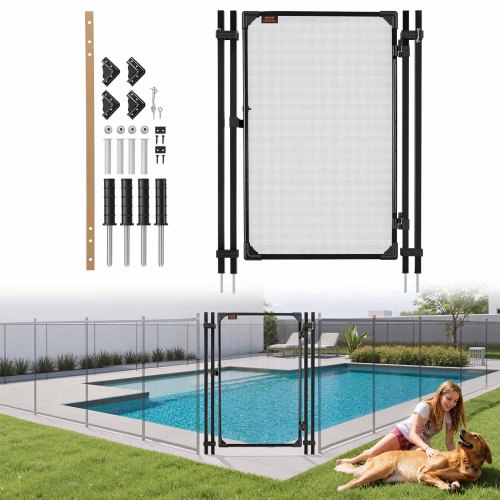 VEVOR Puerta de Seguridad para Piscina 1,2 x 0,75 m, Puerta de Malla Enterrada, con Cerradura de Pestillo Protectores de Esquinas Redondeados Estacas de Tierra de Acero Inoxidable, Malla de PVC, Negro