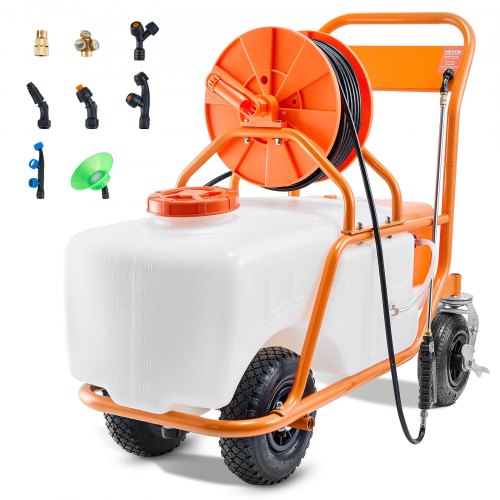 VEVOR Pulverizador de Césped con Ruedas, Presión Ajustable 0-90 PSI, Pulverizador con Tanque de 60 L con 8 Boquillas, 2 Varitas, Tapa de Boca Ancha para Jardín, Desmalezado, Pulverización