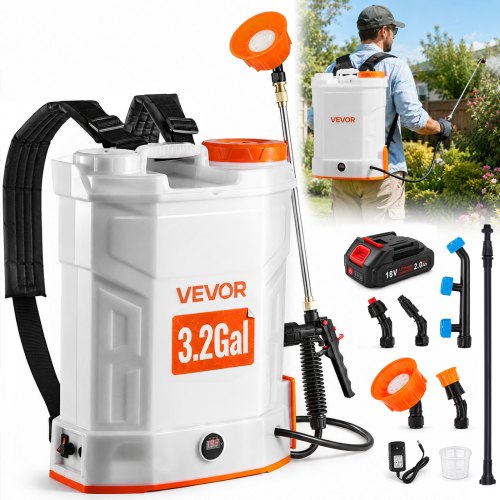 VEVOR Pulverizador de Mochila a Batería, Pulverizador Eléctrico de Mochila Portátil de 12 L con 2 Varillas Retráctiles y 5 Boquillas, Ajustable de 0-90 PSI, 2 Horas de Autonomía para Jardín, Césped