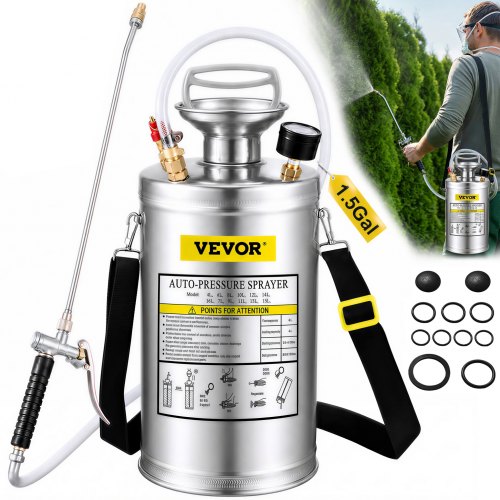 VEVOR Pulverizador de Mochila Manual Capacidad de 6 L Rociador de Mochila Presión de 1,5 - 4,0 bar con Boquilla de Latón Uso en Interior y Exterior para Jardinería Doméstica y Limpieza de Pisos