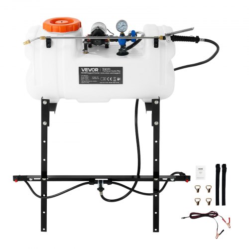 VEVOR Pulverizador de Remolque para ATVs UTVs 60 Litros 12 V Sulfatadora, para Jardín Granja Huerto, Presión 0-72 PSI, Velocidad 7,2 L/min, Boquilla 3 en 1, Manguera de 6,1 m, Tanque de Agua, Bomba