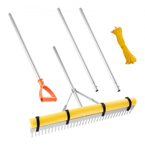 VEVOR Rastrillo de Aluminio, Cabezal 914 mm, Mango 2590 mm, Herramienta Grande para Jardinería, Aflojamiento de Tierra, Jardinería, Grava de Estanques y Cuidado del Césped de Playa, 34 Dientes