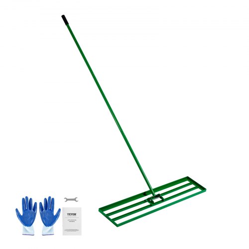 VEVOR Rastrillo Nivelador de Césped 1215 x 252 mm, Rastrillo de Nivelación de Césped, Mango Largo Ajustable, Aleación de Aluminio, Guantes Incluidos, Herramienta para Jardín Patio Campo de Golf, Verde
