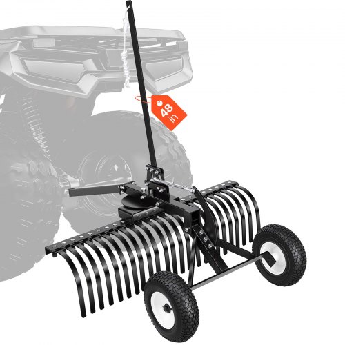 VEVOR Rastrillo para Tractor 122 cm de Ancho, Escarificador de Césped con 24 Dientes de Acero, Ruedas, Altura y Ángulo Ajustables, Compatible con UTV ATV, para Limpiar Hojas Nivelar Terreno Jardinería