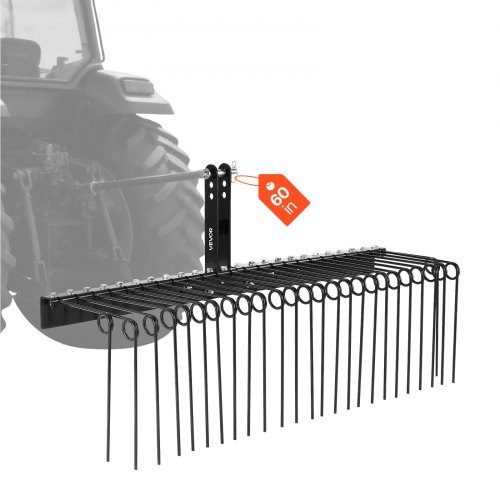 VEVOR Rastrillo para Tractor 150 cm de Ancho, Escarificador de Césped con 26 Púas de Acero Elástico, Compatible con Tractor de Categoría 1 con Enganche Tripuntal, para Jardinería Agrícola Limpieza