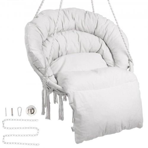 VEVOR Silla Colgante Giratoria de Macramé Carga de 150 kg con Cojín, Materiales de Montaje, Cuerda de Algodón, Silla Columpio con Flecos para Dormitorio, Terraza, Jardín, Interior, Exterior, Beige