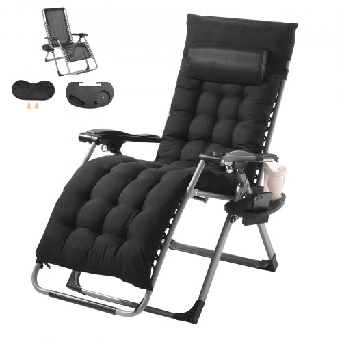 VEVOR Silla de Gravedad Cero 645 mm Sillón Reclinable para Jardín Tumbona para Terraza Capacidad de 226,8 kg Tumbona Antigravedad Ajustable con Cojín Reposacabezas Reposapiés Portavasos, Negro