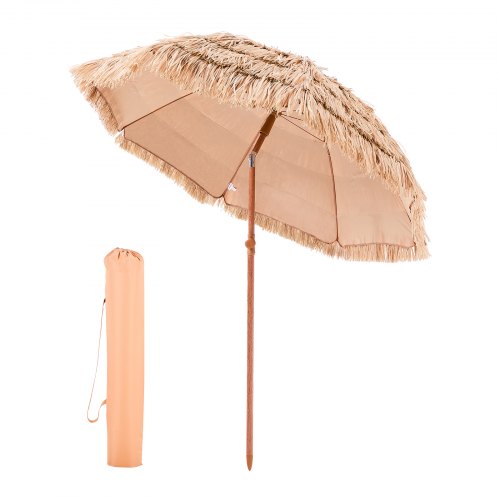 VEVOR Sombrilla de Paja de PP 1,8 m, Sombrilla Tiki Inclinable con 8 Varillas Metálicas, Parasol Hawaiano Portátil y Plegable para Protección Solar, para Playa, Terraza, Jardín, Piscina, Patio
