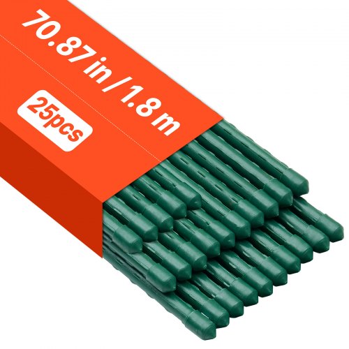 VEVOR Soportes para Plantas, Ø11 x 1800 mm, Tutores de Metal Recubiertos de Plástico, con Extremo Puntiagudo y Topes Antideslizantes para Cultivo de Plantas Trepadoras y Hortalizas, 25 uds, Verde