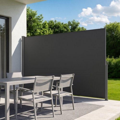 VEVOR Toldo Lateral Retráctil 180 x 300 cm, Pantalla Privacidad Exterior, Mampara Parasol para Patio, Marco Metálico, Protector Solar a Prueba de Viento Impermeable, para Balcón Jardín Terraza, Gris