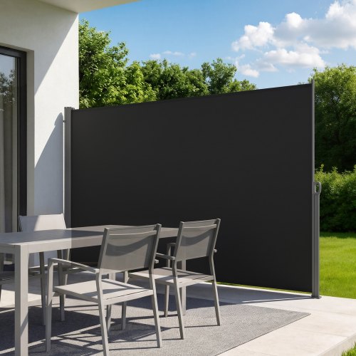 VEVOR Toldo Lateral Retráctil 180 x 300 cm, Pantalla Privacidad Exterior, Mampara Parasol para Patio, Protector Solar a Prueba de Viento y Lluvia, Marco de Metal, para Balcón Jardín Terraza, Negro