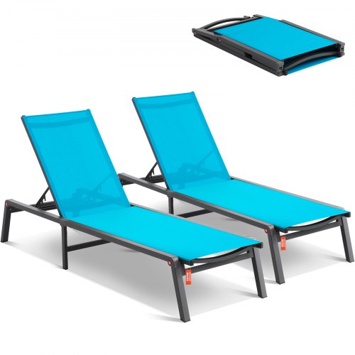 VEVOR Tumbona de Jardín para Exterior 2 Piezas Tumbona Plegable de Aluminio para Patio con 5 Posiciones Ajustables Tumbona Reclinable Totalmente Plana para Playa, Piscina, Exterior, Terraza, Azul