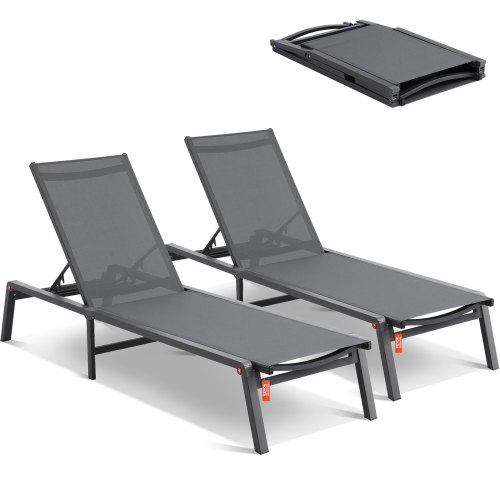 VEVOR Tumbona de Jardín para Exterior 2 Piezas Tumbona Plegable de Aluminio para Patio con 5 Posiciones Ajustables Tumbona Reclinable Totalmente Plana para Playa, Piscina, Exterior, Gris Oscuro