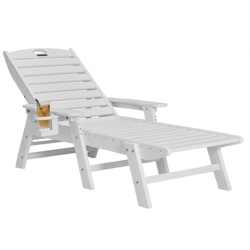 VEVOR Tumbona de Jardín, Silla Plegable Reclinable Asiento de 1055 x 525 x 20 mm Capacidad Máxima de Carga de 181 kg, Tumbona Exterior de HDPE con Respaldo y Portavasos para Playa, Patio, Blanco