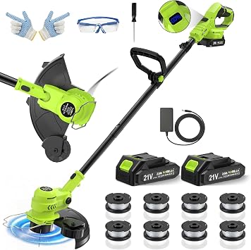 VOERJIA Desbrozadora 21V 750W con LCD: Cortabordes 2 en 1 (30cm), 2 Baterías, Avance Automático y Cabezal Ajustable. Potente y Ligera para Jardines. (Línea Jardín Pro)