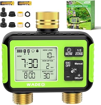 WADEO Programador de riego 2 Salidas, Entrada y Salida de latón, Pantalla LCD, riego automático, Temporizador de Agua con Modo automático/Manual/retardo por Lluvia, para jardín y césped