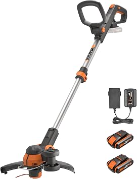WORX WG163E Desbrozadora y Cortabordes 2 en 1 a Batería 20V 2Ah, Sistema Command Feed Automático, Cabezal Giratorio 90°, para Jardines Medianos