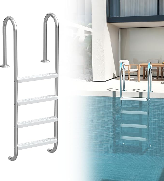 XMTECH Escalera de piscina de acero inoxidable con 4 peldaños antideslizantes de ABS con nervaduras de refuerzo, redondeadas sin riesgo de arañazos, con material de montaje, para piscina de hasta 1,5