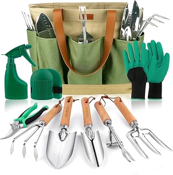 YAUNGEL Juego de Herramientas de jardinería, 10 Piezas de Acero Inoxidable de Uso Pesado con Mango de Madera Antideslizante - Regalos para Mujeres y Hombres, Verde